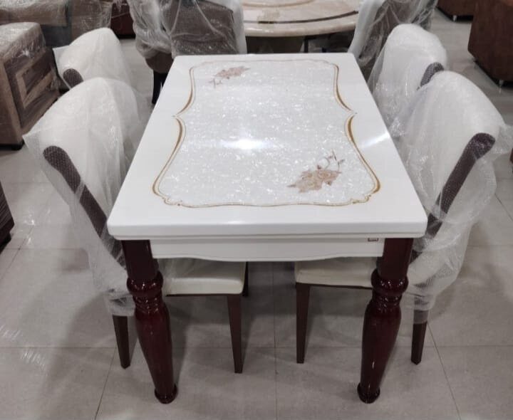 Marble Top & Teak Wood Dining Table Set