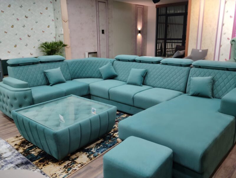 9 seater sofa with teapoy and puffy